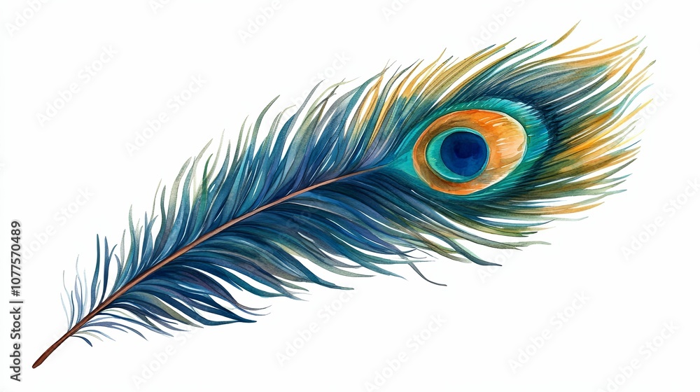 Obraz premium Watercolor Illustration of a Single Peacock Feather