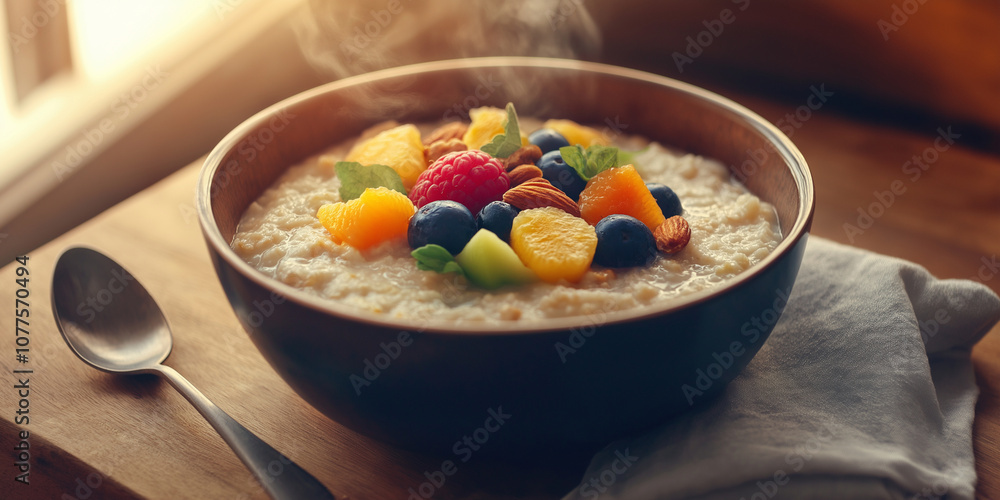 Steaming Oatmeal with Fruits and Nuts Steaming Oatmeal with Fruits and Nuts
