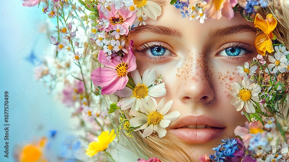 A large collage with flowers on the girl's face. A fantastic portrait of a woman with wild and ordinary flowers on her face. Layout for your product A large collage with flowers on the girl's face. A fantastic portrait of a woman with wild and ordinary flowers on her face. Layout for your product