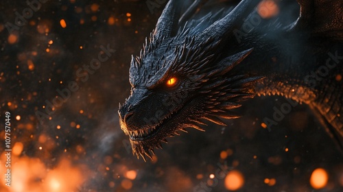 Dragon head close up, smoke filled air, glowing embers