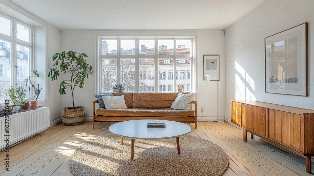 Bright and airy living room with a brown leather sofa and large windows Bright and airy living room with a brown leather sofa and large windows