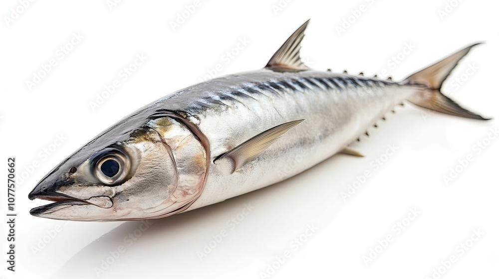 A Single Freshly Caught Mackerel Fish on a White Background A Single Freshly Caught Mackerel Fish on a White Background