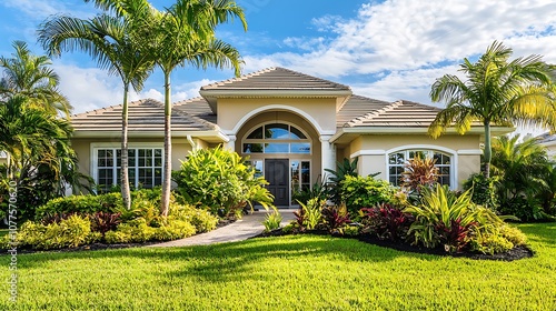 Facade of a beautiful house with a front garden of palm trees, short grass and tropical plants