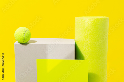 Bright neon yellow still life image of geometric objects of materials photo