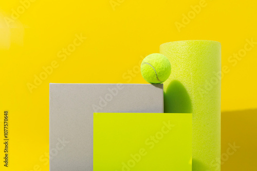 Bright neon yellow still life image of geometric objects of materials photo