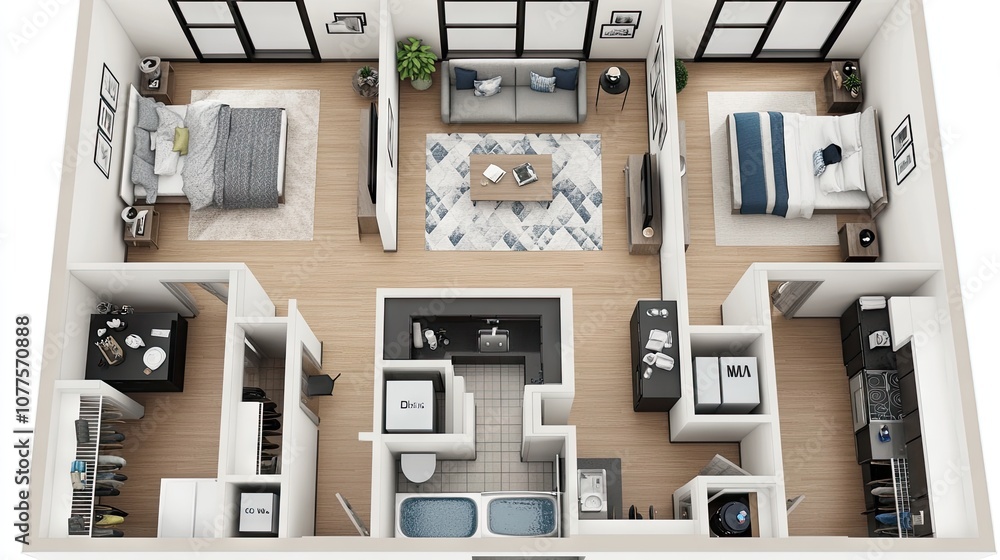 Modern Two-Bedroom Apartment Layout with Open Living Space and Stylish Decor Ideal for Interior Design and Real Estate Use Modern Two-Bedroom Apartment Layout with Open Living Space and Stylish Decor Ideal for Interior Design and Real Estate Use
