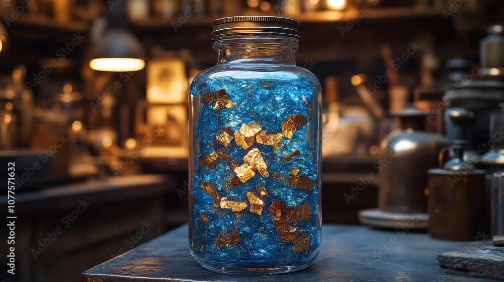 a glass jar with a blue and gold substance inside a glass jar with a blue and gold substance inside