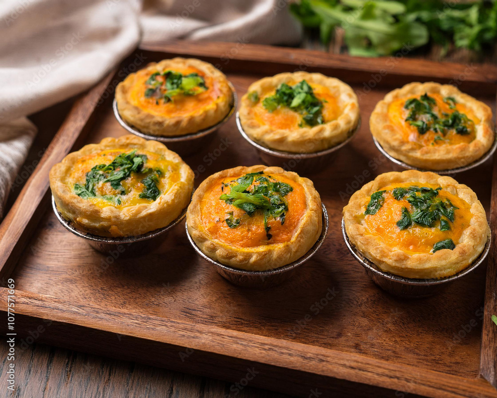 Golden mini vegan pies with sweet potato and spinach, arranged on a wooden board, garnished with fresh herbs, AI. Golden mini vegan pies with sweet potato and spinach, arranged on a wooden board, garnished with fresh herbs, AI.