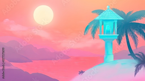 Tranquil Sunset Over Waterscape with Palm Trees and Scenic Lantern Tower Emitting Bright Light in Serene Tropical Paradise photo