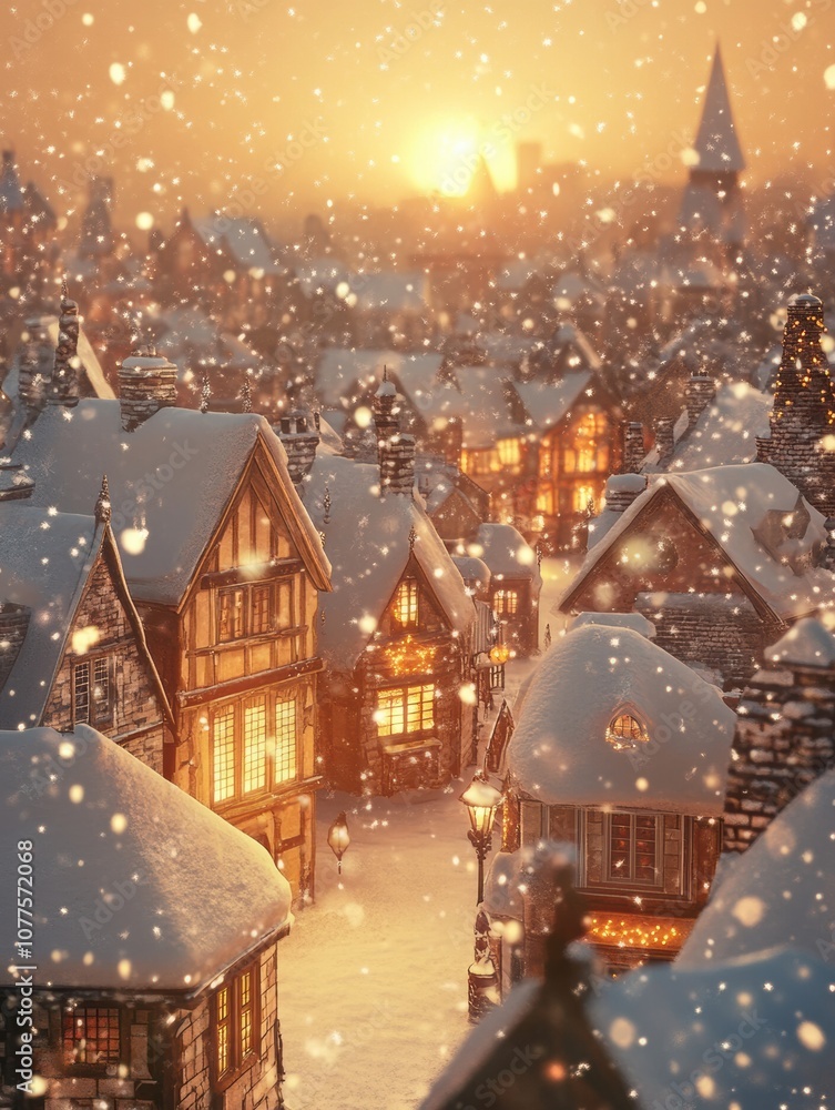 Delight in the charm of a snow-covered village adorned with twinkling lights as the sun sets, creating a magical winter atmosphere. Generative AI Delight in the charm of a snow-covered village adorned with twinkling lights as the sun sets, creating a magical winter atmosphere. Generative AI