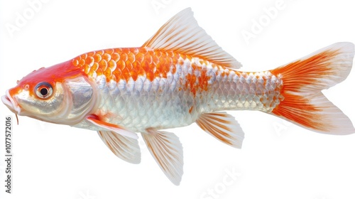 A close-up of a red and white koi fish with its fins spread out against a white background.