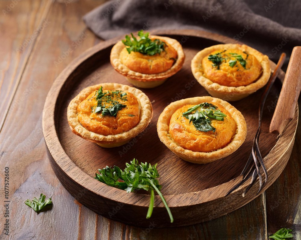 A rustic wooden board displays golden mini vegan pies filled with sweet potato and spinach, topped with fresh herbs, AI. A rustic wooden board displays golden mini vegan pies filled with sweet potato and spinach, topped with fresh herbs, AI.