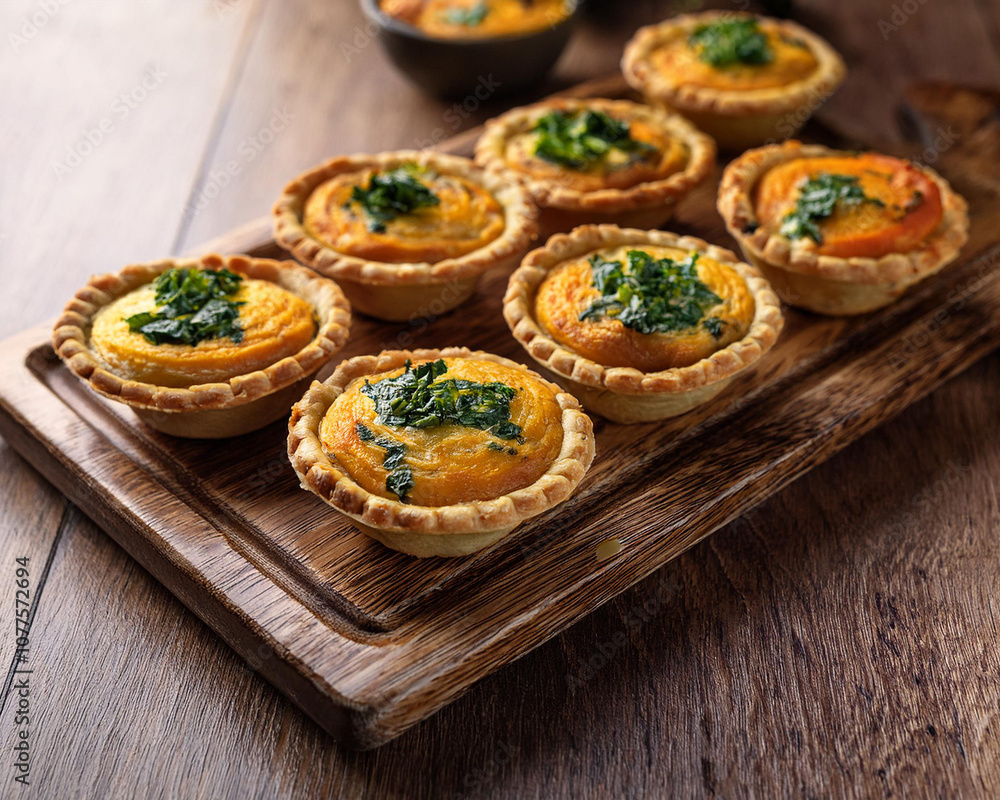 Mini vegan pies with sweet potato and spinach, garnished with fresh herbs, on a rustic wooden board,AI.