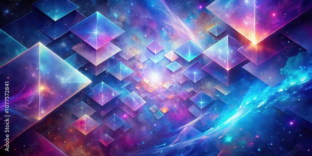 Cosmic Geometry A symphony of iridescent cubes and pyramids dance across a vibrant nebula, illuminated by a distant star, creating a mesmerizing and ethereal spectacle. Cosmic Geometry A symphony of iridescent cubes and pyramids dance across a vibrant nebula, illuminated by a distant star, creating a mesmerizing and ethereal spectacle.