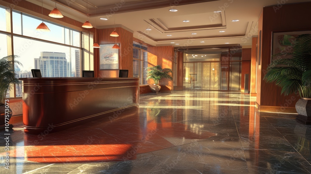 Modern and Elegant Office Lobby Interior with Reception Desk, Large Windows, and Polished Flooring in Bright Natural Light Modern and Elegant Office Lobby Interior with Reception Desk, Large Windows, and Polished Flooring in Bright Natural Light