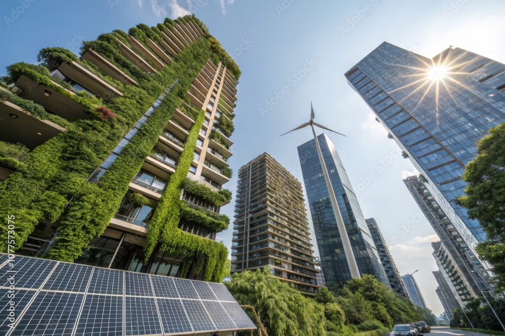 Fototapeta premium Sustainable architecture with green facades and solar panels in a modern urban landscape