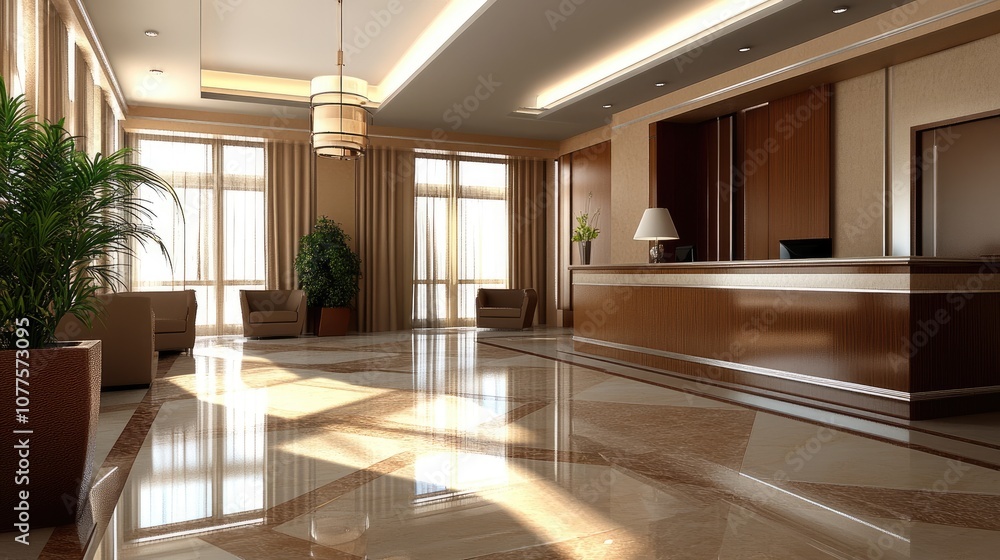 Fototapeta premium Modern and Elegant Hotel Lobby Interior with Luxurious Decor, Natural Light Streaming Through Large Windows, and Stylish Furniture Arrangement for Hospitality Settings