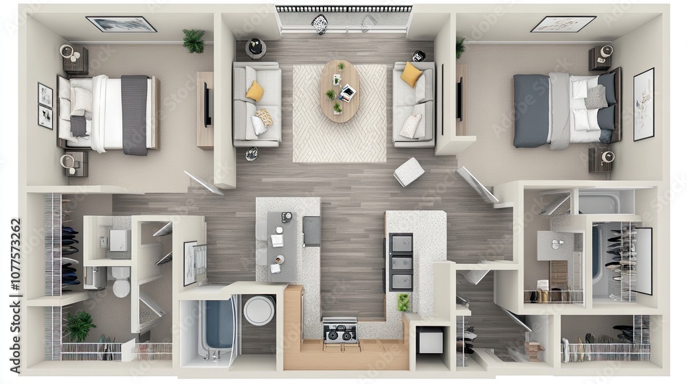 Detailed 3D Floor Plan of a Modern Apartment Featuring Two Bedrooms, Open Living Space, Kitchen, and Stylish Interior Design with Contemporary Furnishings