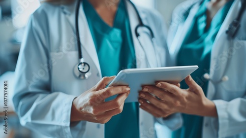 Two female doctors consulting with a tablet in a hospital