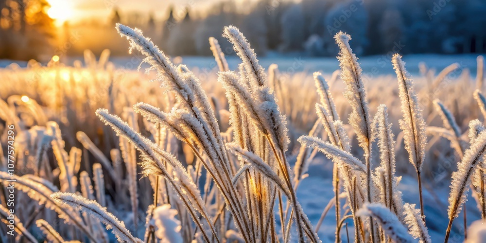 Fototapeta premium Frozen Grass Blades Illuminated by the Morning Sun