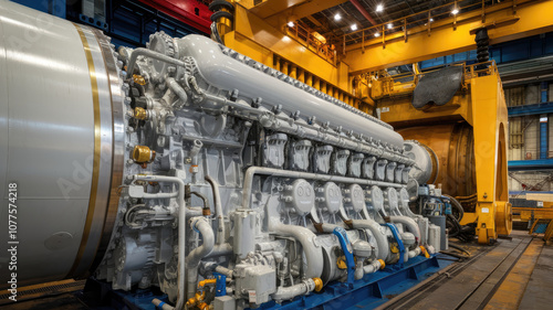 A large white engine with many cylinders is in a factory. The engine is surrounded by blue pipes and is surrounded by a yellow crane