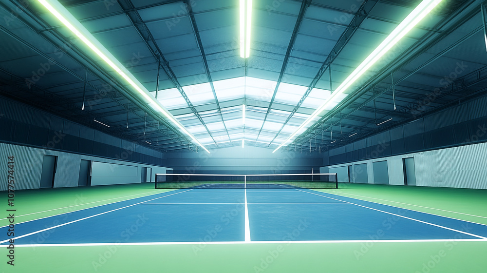 Indoor Tennis Court with Bright Lighting and Blue Surface Indoor Tennis Court with Bright Lighting and Blue Surface