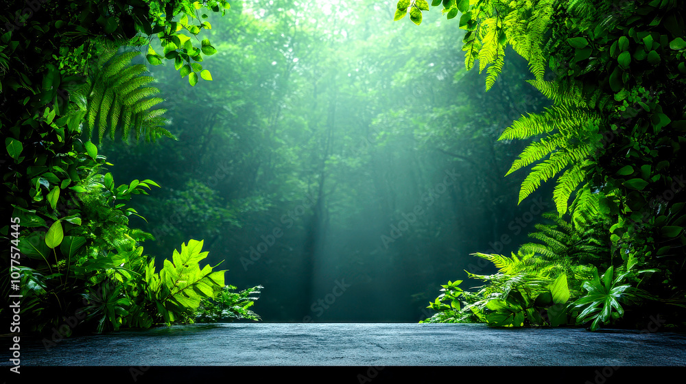 Obraz premium Lush green foliage frames a serene path, illuminated by soft light, creating a tranquil atmosphere in a vibrant forest setting.