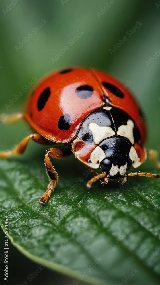 Fototapeta premium Close-Up of a Spotted Ladybug on a Green Leaf in a Summer Garden