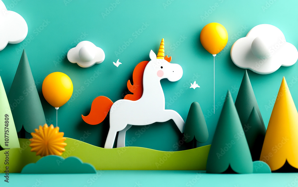 A whimsical scene featuring a paper-cut style unicorn amidst colorful balloons, trees, and clouds on a bright turquoise background. A whimsical scene featuring a paper-cut style unicorn amidst colorful balloons, trees, and clouds on a bright turquoise background.