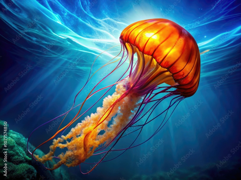 Fototapeta premium Mesmerizing Orange Glowing Jellyfish with Long Tentacles in Blue Water - Underwater Beauty and Marine Life Photography