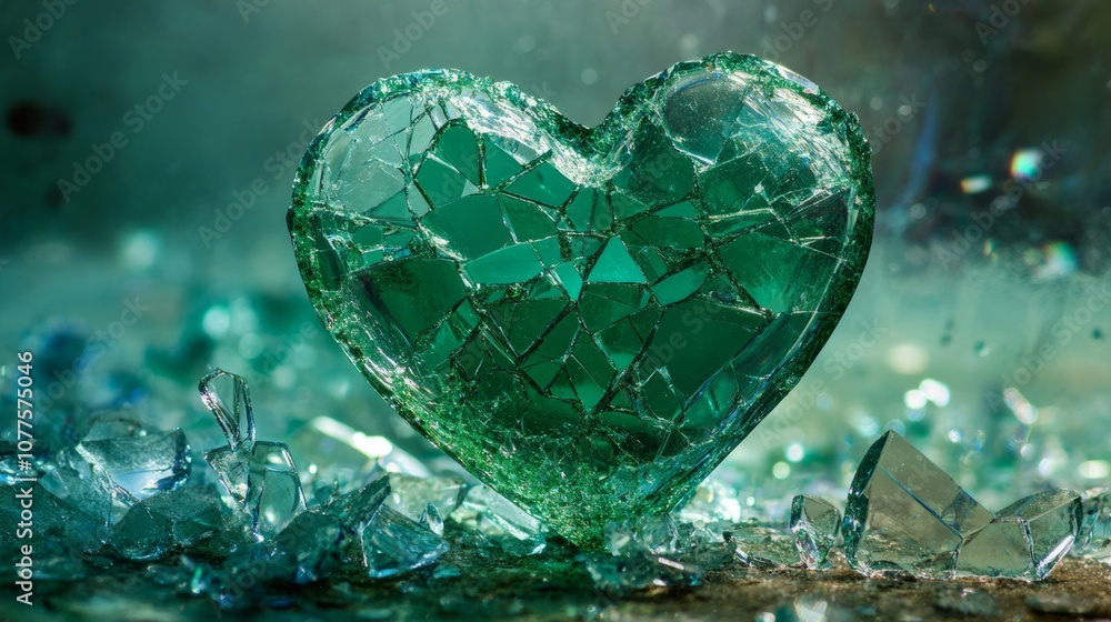 Emerald green heart emerging from broken glass generative ai Emerald green heart emerging from broken glass generative ai