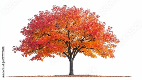 A Single Tree with Red and Orange Autumn Leaves Against a White Background