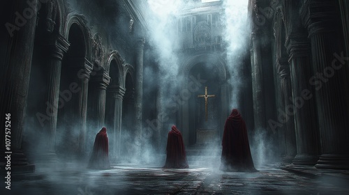 Three figures in red robes stand in a misty, gothic cathedral with a cross in the background.