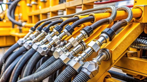 Close-up of a row of hydraulic hoses with metal fittings, connected to a yellow heavy machinery frame