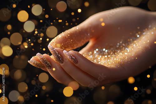 A hand adorned with glittery nails gently releases sparkles in a blurred golden background.