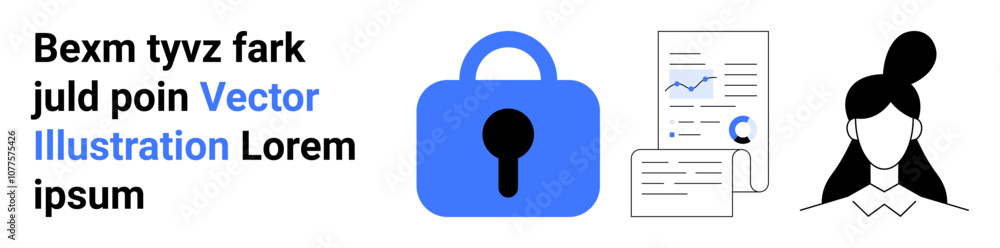 Large blue lock icon with keyhole, documents featuring charts, female avatar with bun hairstyle. Ideal for data protection, online privacy, secure login, business presentations, tech blogs, digital Large blue lock icon with keyhole, documents featuring charts, female avatar with bun hairstyle. Ideal for data protection, online privacy, secure login, business presentations, tech blogs, digital