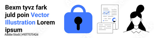 Large blue lock icon with keyhole, documents featuring charts, female avatar with bun hairstyle. Ideal for data protection, online privacy, secure login, business presentations, tech blogs, digital