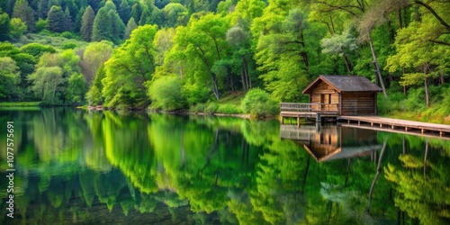 A wooden cabin perched on a small dock extending into a tranquil lake, surrounded by a verdant forest, reflecting the serenity of nature