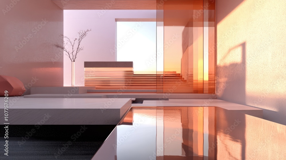 Modern Minimalist Interior Design with Large Windows Overlooking Sunset in a Tranquil Living Space, Featuring Light Colors and Reflected Surface Elements Modern Minimalist Interior Design with Large Windows Overlooking Sunset in a Tranquil Living Space, Featuring Light Colors and Reflected Surface Elements