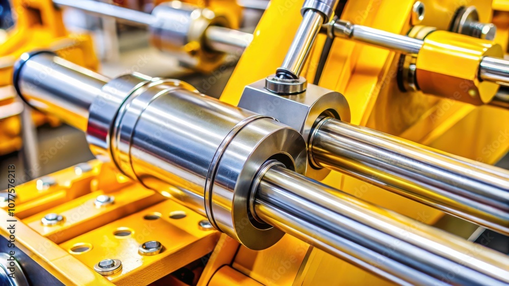 Close-up view of polished metal hydraulic cylinders mounted to yellow painted machinery, showcasing intricate engineering design. Close-up view of polished metal hydraulic cylinders mounted to yellow painted machinery, showcasing intricate engineering design.