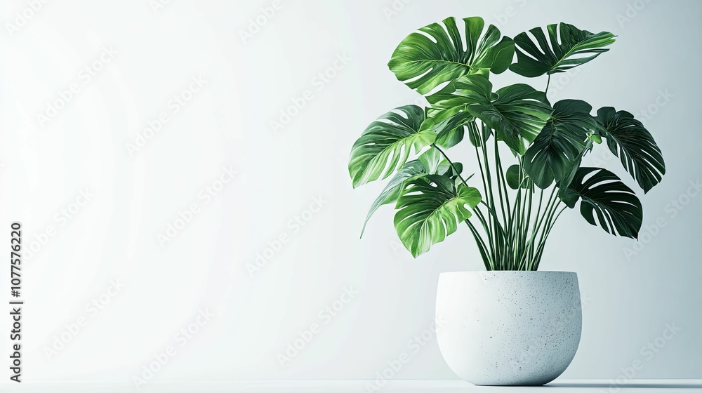 A potted monstera deliciosa plant with large green leaves against a white background. A potted monstera deliciosa plant with large green leaves against a white background.