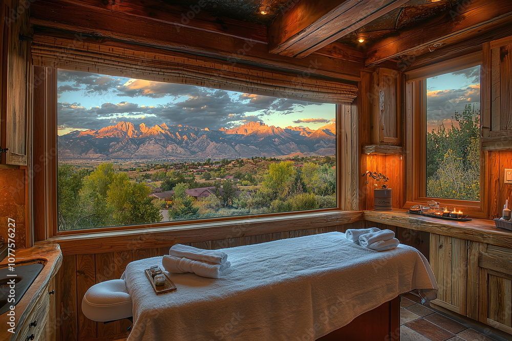 Fototapeta premium a massage room with a beautiful mountain view and soft lighting.