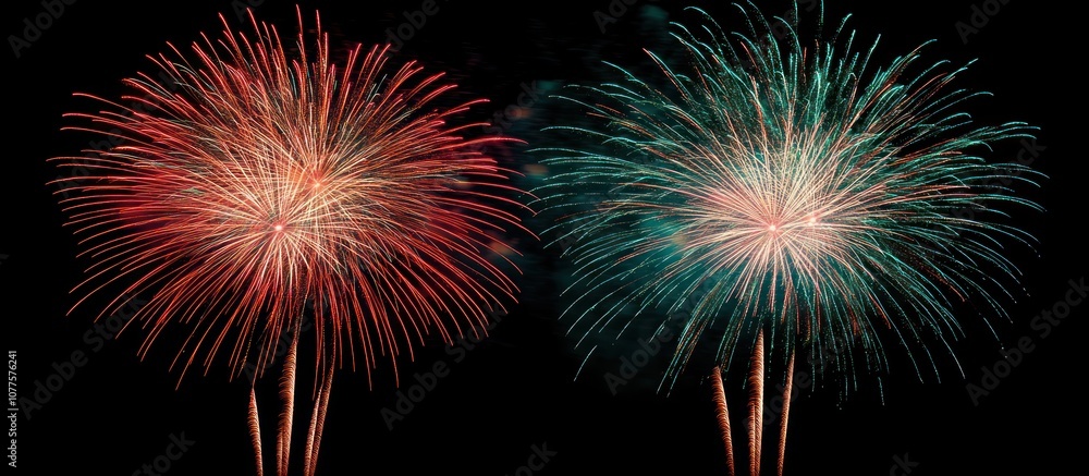 Two Fireworks in the Night Sky, one red and one green, with black background. Two Fireworks in the Night Sky, one red and one green, with black background.