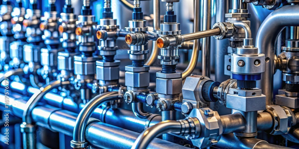 A Close-up View of a Row of Industrial Valves and Pipes in a Modern Factory Setting A Close-up View of a Row of Industrial Valves and Pipes in a Modern Factory Setting