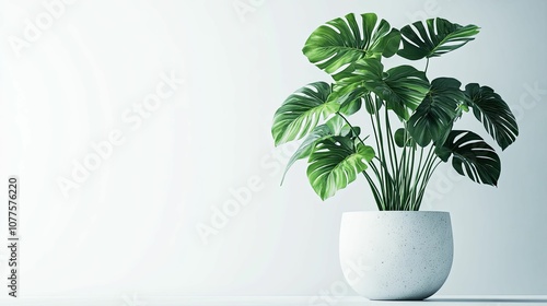 A potted monstera deliciosa plant with large green leaves against a white background.