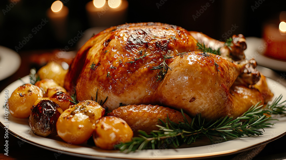 A golden-brown roasted turkey sits on a white platter, surrounded by potatoes and rosemary. A golden-brown roasted turkey sits on a white platter, surrounded by potatoes and rosemary.