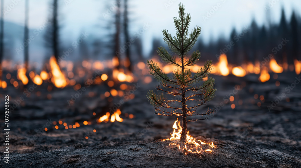 A small pine tree surrounded by burning landscape in a forest fire, with flames and smoke visible in the background, illustrating the impact of wildfires on nature.