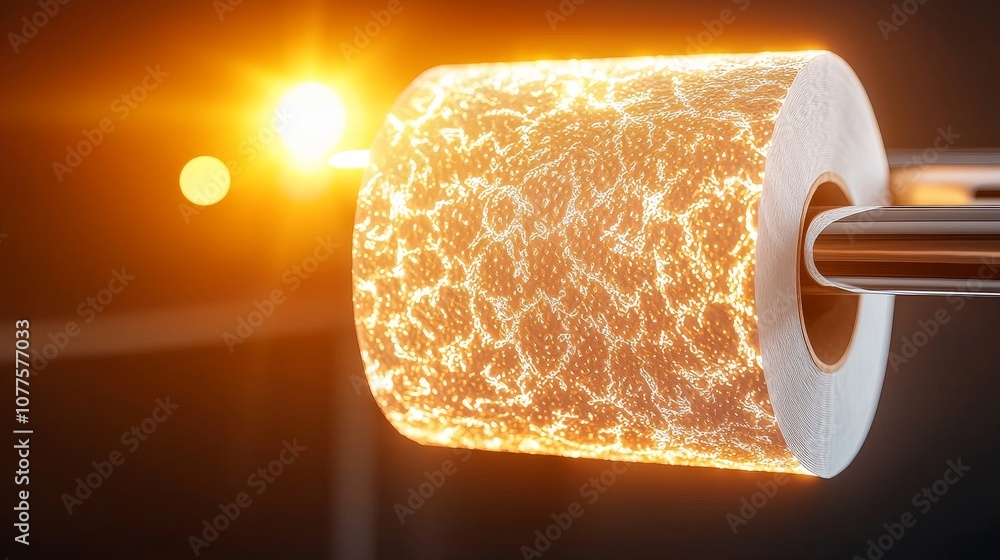 Obraz premium High-definition detail of a white toilet paper roll on a metallic holder, emphasis on paper texture, warm light, clean design aesthetic
