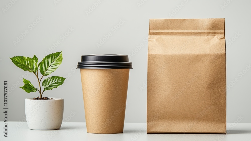 Eco-friendly paper bag on a minimalist table, isolated on a white background, soft, diffused lighting, perfect for sustainable branding mockups Eco-friendly paper bag on a minimalist table, isolated on a white background, soft, diffused lighting, perfect for sustainable branding mockups