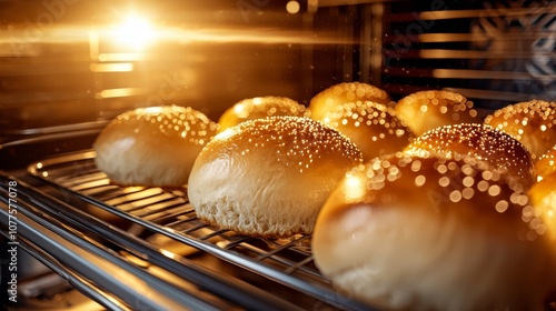 Homemade buns rising on a hot tray, golden crust glistening with melted butter, ambient oven light enhancing texture photo